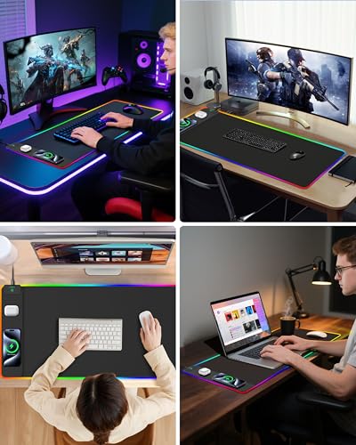 Upgraded Mouse Pad with Wireless Charging, RGB Gaming Desk Mat, 31.5"x15.7" Large XXL Desk Pad, 15 Light Modes, Ultra-Smooth Surface, Non-Slip Mouse Mat, Waterproof Computer Keyboard Pad, Black - color: Black Rgb - 31.5"x15.8"