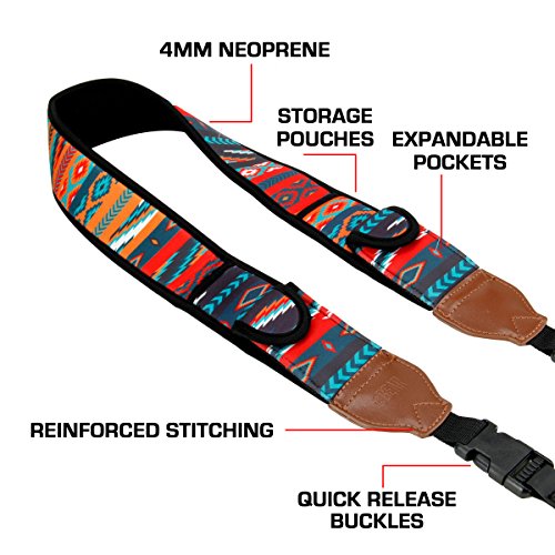 USA Gear TrueSHOT Camera Strap Neoprene Camera Straps - Padded Neck Strap, Pockets, and Quick Release Buckles - Compatible with Canon, Nikon, Sony and More DSLR and Mirrorless Cameras (Southwest) - color: Southwest