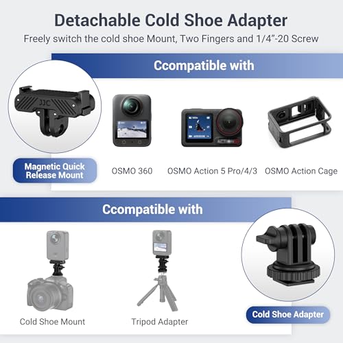 JJC Osmo Action 5 Cold Shoe Adapter Mount for DJI Osmo 360 Action 5 Pro 4 3 Accessories, 180° Angle Adjustable, Detachable Camera Monitor Mount w. 1/4 Screw Hole, Magnetic Quick Release Tripod Adapter - color: Hot Shoe/Cold Shoe Adapter