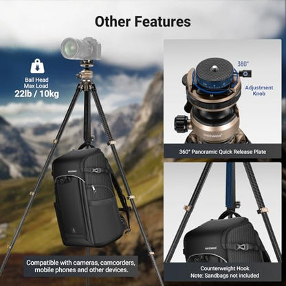 NEEWER LITETRIP Carbon Fiber Travel Tripod with Pan Tilt Low Profile Ball Head,62.4" DSLR Camera Phone Holder Stand Compatible with PD V3 Plates iPhone, 2 Center Columns,Max Load 22 lb, LT39