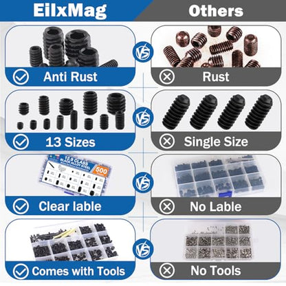 500PCS Set Screws, 13 Sizes Metric Set Screw Assortment Kit, M3, M4, M5, M6, M8 Allen Head Hex Socket Head Grub Screws for Bathroom Fixtures, Alloy Steel Black(5 Wrenches, 1 Tweezer) - size: 500PCS-Black