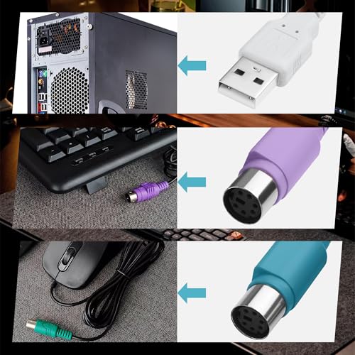 USB to PS2 Converter Cable, 2-in-1 USB A to PS/2 Adapter for Keyboard Mouse, Plug and Play Compatible with Industrial PC, Old Motherboard, KVM Switch, No Driver Required