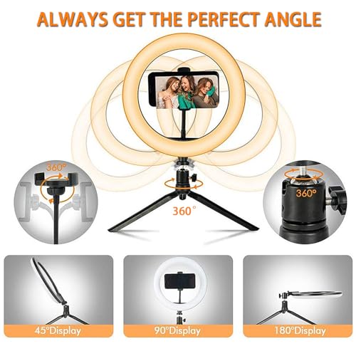 10" Desk Ring Light with Tripod Stand, 3 Light Modes & 11 Brightness Level, Adjustable Selfie Phone Halo Light with Cell Phone Holder for Video Recording, Makeup, Computer Laptop Zoom Meeting