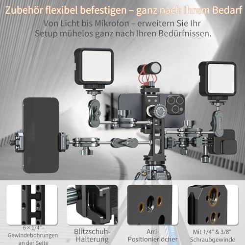 Metal Phone Mount for Tripod with 2 Cold Shoes & Arca Port,Phone Holder Stand with 4 * 1/4" Screw Mount,Support Vertical & Horizontal Rotate Suitable for iPhone 17 Pro/16Pro/15Pro/14/13