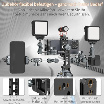 Metal Phone Mount for Tripod with 2 Cold Shoes & Arca Port,Phone Holder Stand with 4 * 1/4" Screw Mount,Support Vertical & Horizontal Rotate Suitable for iPhone 17 Pro/16Pro/15Pro/14/13