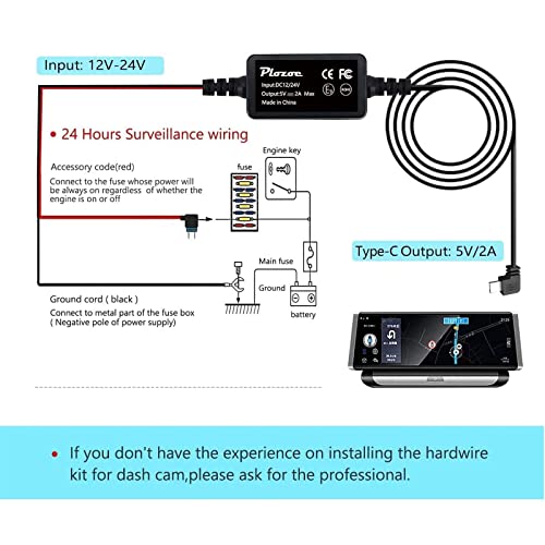 Dash Cam Hardwire Kit,USB C Polyvinyl Chloride Hard Wire Kit Fuse for Dashcam, Plozoe 12V-24V to 5V Car Dash Camera Charger Power Cord, Gift 4 Fuse Tap Cable and Installation Tool（11.5ft) , Black