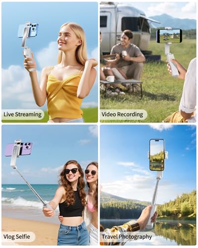 yAyusi New Ultra Mini Selfie Stick for iPhone, Extendable Aluminum Portable Selfie Stick with Remote, Compact Phone Selfie Sticks Compatible with 4-7" Phones for Vlog/Video Record/Live Stream (White)