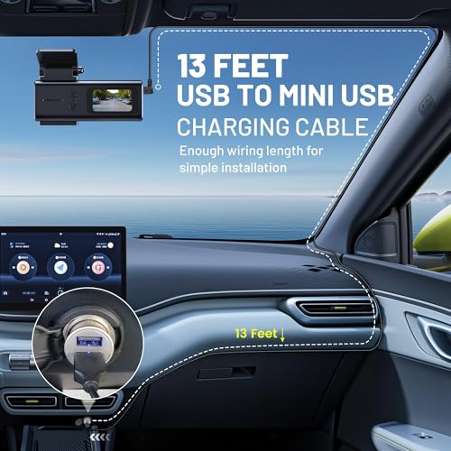 EWAY Mini USB Dash Cam Power Cable 13ft, for Rexing V1 Pro V5 V3 Byakov S6 Rove R2-4K Dashcam Dashboard Camera Recorder, USB 2.0 A to 90 Degree Right Angle Mini-B Charging Cord Car Charger Adapter