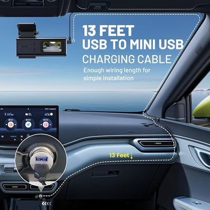EWAY Mini USB Dash Cam Power Cable 13ft, for Rexing V1 Pro V5 V3 Byakov S6 Rove R2-4K Dashcam Dashboard Camera Recorder, USB 2.0 A to 90 Degree Right Angle Mini-B Charging Cord Car Charger Adapter
