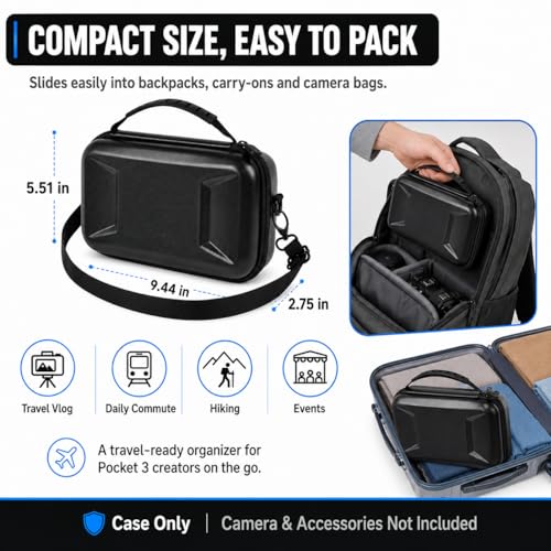 Boobowl Hard Case for DJI Osmo Pocket 3 Creator Combo, Portable Travel Storage Bag Fits Camera with Original Protective Cover, Battery Handle & Mic 2, Shockproof Organizer with Shoulder Strap - Black