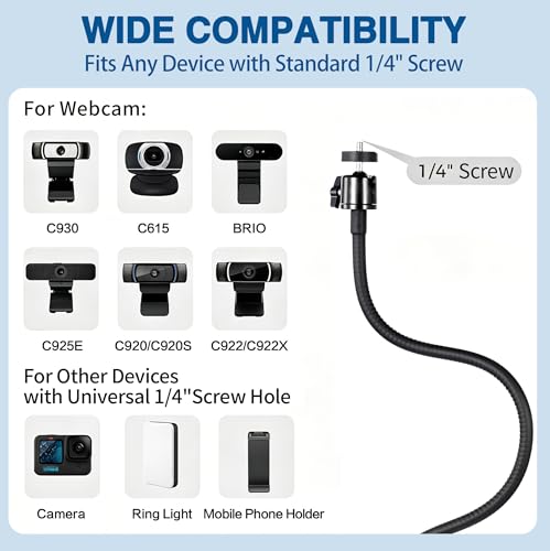 Webcam Stand Mount, Flexible Gooseneck Webcam Arm Stand with Desk Camera Mount Clip Clamp for Logitech C922 C930e C920S C920 C615 C960 C920x Brio 4K NexiGo N60 and More