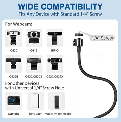Webcam Stand Mount, Flexible Gooseneck Webcam Arm Stand with Desk Camera Mount Clip Clamp for Logitech C922 C930e C920S C920 C615 C960 C920x Brio 4K NexiGo N60 and More