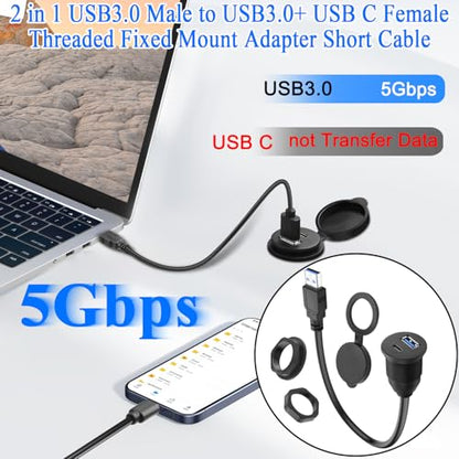 QIANRENON 2-in-1 USB3.0 to USB3.0 & USB C Threaded Fixed Adapter Short Cable 5GBps Type A Male to A + C Female Embedded Mount 1 to 2 Connector, 5V3A Charging, Mounted Car/RV Dashboard, 30cm/11.8in