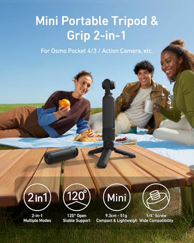 TELESIN Mini Tripod & Grip for DJI Osmo Pocket 3/4 & Insta360 Luna Ultra, One Click Open Desktop Stand&Handle with 1/4"Screw for DJI Action 6 5pro 4/GoPro/Insta360 X5/Camera/Phone/Digital Accessories