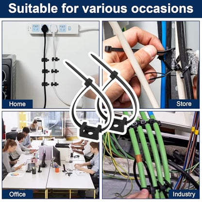 Premium Cable Zip Tie Mounts Kit - 60 Packs Wire Management Holder & Cable Clips, 8" High-Strength Nylon Ties & 5M Screws, Heavy Duty Fasteners for Wall/Desk, Indoor & Outdoor Cable Organizer