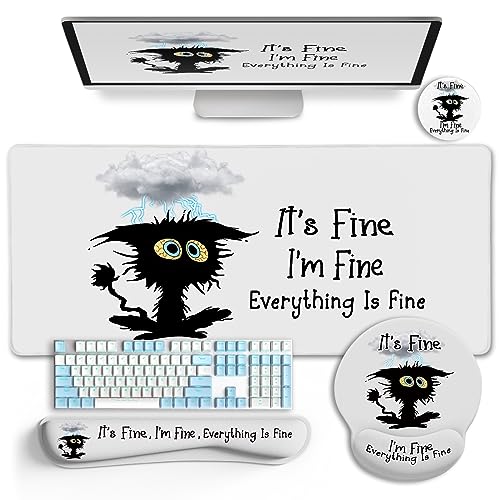 LIMKRIAN Large Gaming Mouse Pad Desk Mat Set, Funny Black Cat Desk Decor | Ergonomic Gel Wrist Rest, Computer Keyboard Mat Memory Foam Wrist Support, Coaster, Home Office Desk Accessories Supplies - color: XXL-Black Cat Set 2