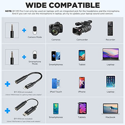BOYA Lavalier Lapel Microphone - No Battery, by-M1 Pro ll Omnidirectional Condenser Mic for iPhone Camera Android PC Windows - for YouTube, Interview, Video Recording 19.6ft