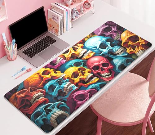 Scary Skeleton Mouse Pad Desk Pad,Colourful Skull Extended Gaming Mouse Mat with Stitched Edges Non-Slip Waterproof Rubber Base Mous Mat for Office Home Game Desk Pad(27.5X11.8 in) - color: Scary Skull Skeleton