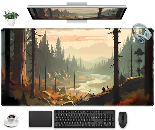 Desk Mat Gaming Desk Pad Valleys, Forest Mouse Pad XXL Extended Large Mouse and Keyboard Mat, Computer Desktop Mat with Non-Slip Base & Stitched Edges, Aesthetic Nature Desk Decor 31.5" x 15.7" - color: Misty Mountain Valley