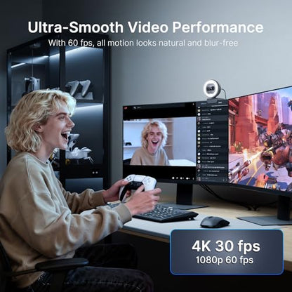 NexiGo 4K Autofocus Webcam Kit, N930E Pro UHD Webcam w/Ring Light, 1080P@60FPS, Dual Noise-Canceling Mics, Built-in Privacy Shutter, Lightweight Mini Tripod, Web Cam for Streaming/Meeting/Gaming