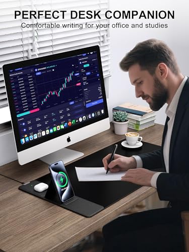 Wireless Charging Mouse Pad with Foldable Phone Holder, 31.5" x 15.8" XXL Large Desk Pad, Gaming Mousepad with Ultra-Smooth Surface, Non-Slip Base, Black Waterproof Desk Mat, with 20W PD Charging Kit - color: Black-Phone Holder-31.5"x15.8"-with Adapter