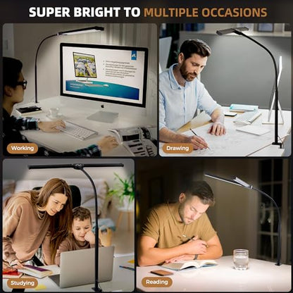 Motumen Led Desk Lamp for Home Office, Eye-Care Architect Light with Clamp, Smart Double Head Computer Monitor Table Clip Lamp, Adjustable Flexible Goose-Neck, 25 Lighting Models, Task Lamp, Black - color: Black