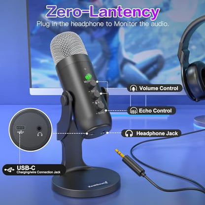 ZealSound Wireless Microphone for PC iPhone iPad & Android, Cordless USB Mic with Noise Cancellation, Mute, Gain, Echo & Zero-Latency Monitoring for Podcasting Streaming Gaming YouTube TikTok Video