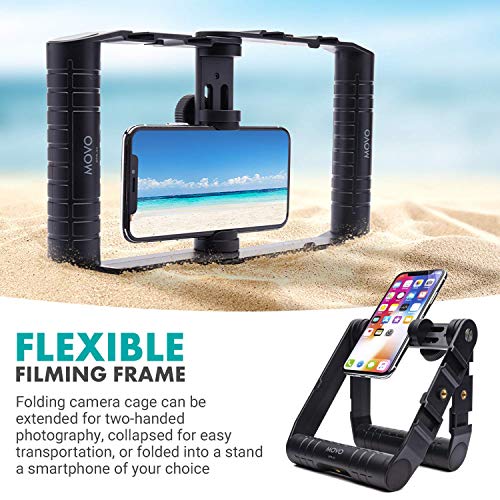 Movo SPR-20 Foldable Smartphone Video Rig Cage with Cold Shoe Mounts for Microphone or LED Light - Vlogging Mount Compatible with iPhone, Android - Smartphone Video Stabilizer Grip - Filming Equipment