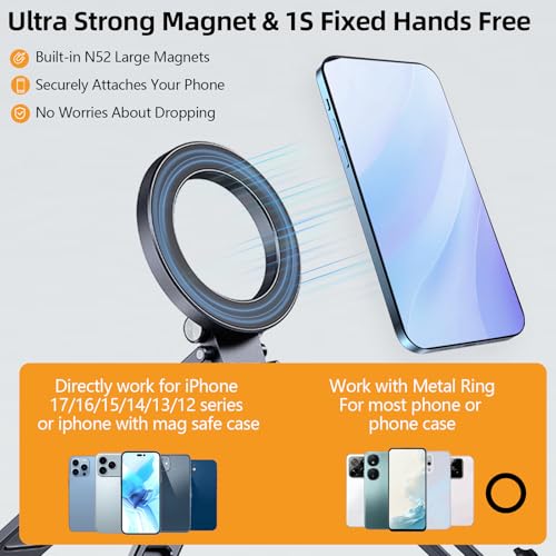 Magnetic Phone Tripod Stand for iPhone iPad, Aluminium Portable Phone Tablet Holder with Carabiner Smartphone Mini Tripod Stand Strong Magnet Compatible with iPhone 17 16 15 14 13 12 iPad Series