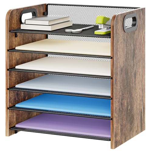 Marbrasse 6 Tier Paper Organizer Letter Tray - Wooden Desk File Organizer with Handle, Paper Sorter Organizer for Letter/A4 Office File Folder Holder - color: 6 Tier - Wooden