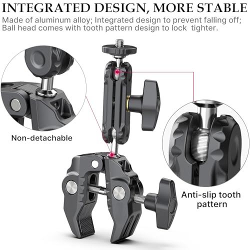 XIAOTJ Super Clamp Camera Mount with Magic Arm Double 360° Ballhead and Phone Tripod Mount/Action Camera Adapter for Phone/GoPro DJI Insta360/Monitor/DSLR/Motorcycle Bike Handlebar Gun Scope Mounts