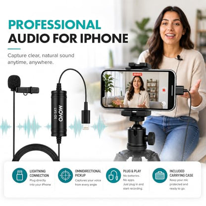Movo LV1-DI Lavalier Microphone for iPhone & iPad – MFi Certified Lightning Clip-On Mic – 20ft Cable – for YouTube, TikTok, Podcasts, Interviews & Vlogging