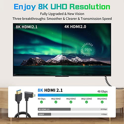 Duttek 8K Micro HDMI to HDMI Coiled Cable 8K@60Hz, 48Gbps, Right Angle HDMI to Micro HDMI 2.1 Cable for Camera, GoPro Hero, Raspberry Pi 5 4 1FT-3FT - style: Right Angle Micro HDMI Male to HDMI Male