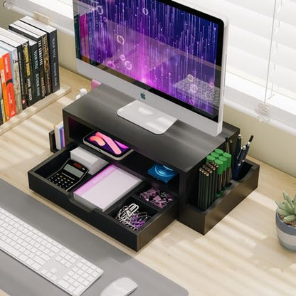 Simple Trending Wood Monitor Stand Riser with Drawer and Pen Holder, Desk Organizer for Home Office, Black - size: 20.25"W x 9.25"D x 5.5"H