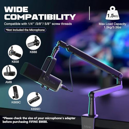 FIFINE Microphone Boom Arm, Low Profile Adjustable Stick Microphone Arm Stand with Desk Mount Clamp, Screw Adapter, Cable Management, for Podcast Streaming Gaming Studio-BM88 - color: Black