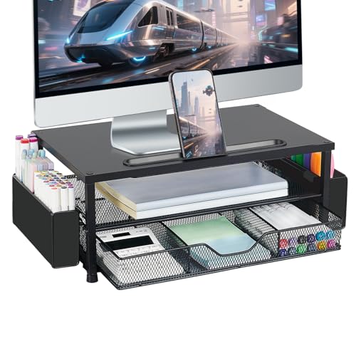 AUPSEN Wood Computer Monitor Stand Riser, 2-Tier Black Desk Organizer with Drawer, Pen Storage & Phone Holder ，Office Desk Accessories Desktop Organizer for Office Supplies - color: Black Wood