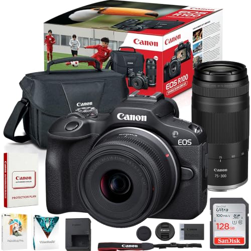 Canon EOS R100 Mirrorless Camera Two-Lens Bundle | RF-S 18-45mm + RF 75-300mm Lenses | 128GB Card & Editing Software | Canon USA Warranty | Authorized Dealer - color: Black