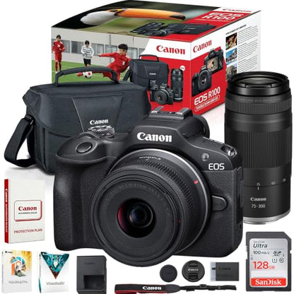 Canon EOS R100 Mirrorless Camera Two-Lens Bundle | RF-S 18-45mm + RF 75-300mm Lenses | 128GB Card & Editing Software | Canon USA Warranty | Authorized Dealer - color: Black