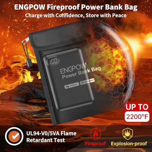ENGPOW Fireproof Organizer Travel Bag, Heat Insulated＆Explosion-Proof Electronic Carry Case, Portable Home Travel Safe Storage for Power Bank,Phone,Cables,USB Drive and Charging Protection, 9''x7'' - size: 9'' x 7''