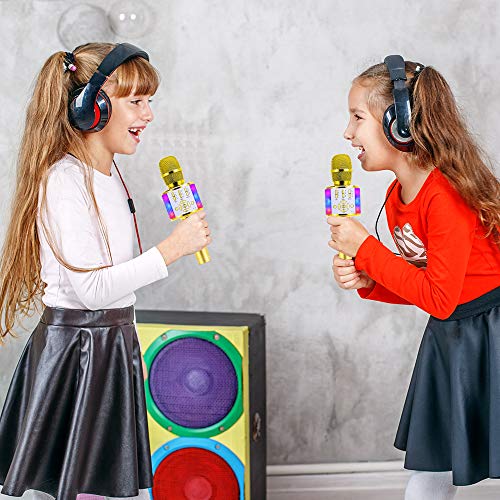 Amazmic Kids Karaoke Microphone Machine Toy Bluetooth Microphone Portable Wireless Karaoke Machine Handheld with LED Lights, Gift for Children Adults Birthday Party, Home KTV(Gold) - color: Gold