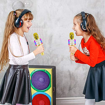 Amazmic Kids Karaoke Microphone Machine Toy Bluetooth Microphone Portable Wireless Karaoke Machine Handheld with LED Lights, Gift for Children Adults Birthday Party, Home KTV(Gold) - color: Gold