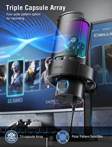 FIFINE Gaming USB Microphone, PC Computer Mic with 4 Polar Patterns for Podcast Streaming Recording YouTube, RGB Condenser Desktop Mic for Windows, Mac, with Headphone Jack-AmpliGame A8 Plus - size: A8PLUS-Desktop