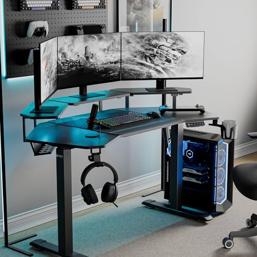 EUREKA ERGONOMIC Aero 55 Inch W Shaped Electric Standing Desk, Height Adjustable Computer Gaming Desk with LED Monitor Shelf, Mouse Pad, Headphone Hook, Cup Holder, Carbon Black - color: Black, size: 55"W x 35"H-Adjustable