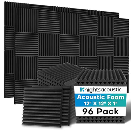 Knightsacoustic 96 Pack Sound Proof Foam Panels for Walls, 1 X 12 X 12 Inches Acoustic Foam Panels, High Density Acoustic Panels Sound Absorbing, Black Noise Cancelling Studio Wedges(NOT ADHESIVE) - size: 96Packs