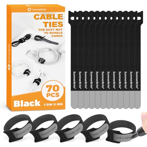 SummerBrite 70 Pack Black Cable Ties 8 Inch with Writable Labels, Reusable Cord Organizer Straps, Hook & Loop Wire Management for Extension Cords, Garage Tools, Power Strips & Heavy Duty - color: Black, size: 8IN