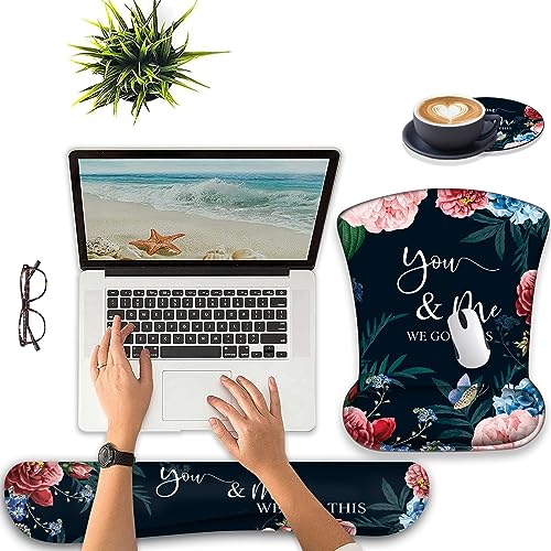 Keyboard Wrist Support + Wrist Mousepad + Coaster Combination, Non-Slip PU Base, with Gel Memory Mousepad, Suitable for Gaming, Office Pain Relief Mousepad Set - Bible Flower - color: Bible Flower