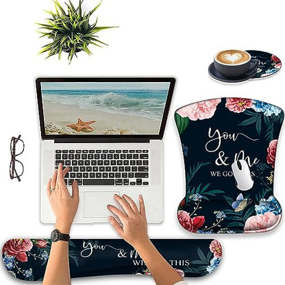 Keyboard Wrist Support + Wrist Mousepad + Coaster Combination, Non-Slip PU Base, with Gel Memory Mousepad, Suitable for Gaming, Office Pain Relief Mousepad Set - Bible Flower - color: Bible Flower