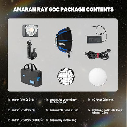 Amaran Ray 60c RGB LED Monolight, 60W Full Color COB Video Light with Octa Dome 30 Softbox for Travel, USB-C PD Power, IP54, OmniColor Engine, 2,300K-10,000K, App/NFC Control, Bowens Mount - color: Ray 60c
