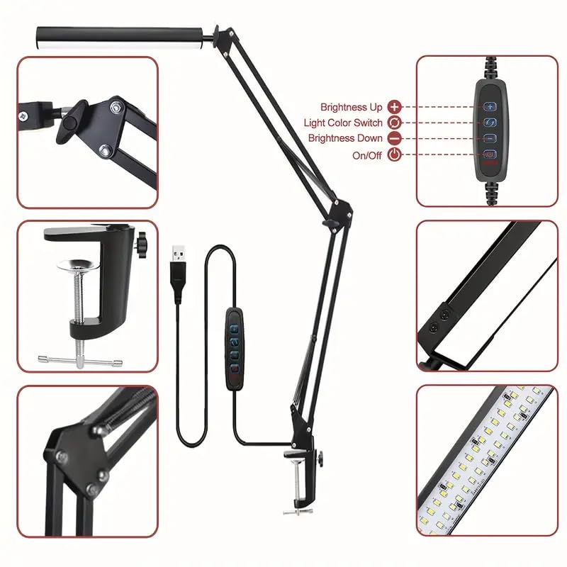 LED Desk Lamp with Eye-Caring 3 Modes 10 Brightness, Adjustable Swing Arm Long Flexible Lamp for Office Workers and Students, USB Port