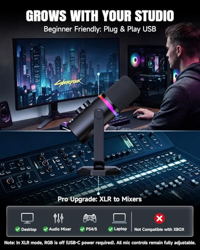 AOC USB/XLR Dynamic Microphone for PC Gaming & Podcasting, Dual-Mode Studio Streaming Mic with RGB Light, Quick Mute, Volume/Gain Control Knob, Heavy-Duty Desk Stand, Type-C & XLR Cables Included